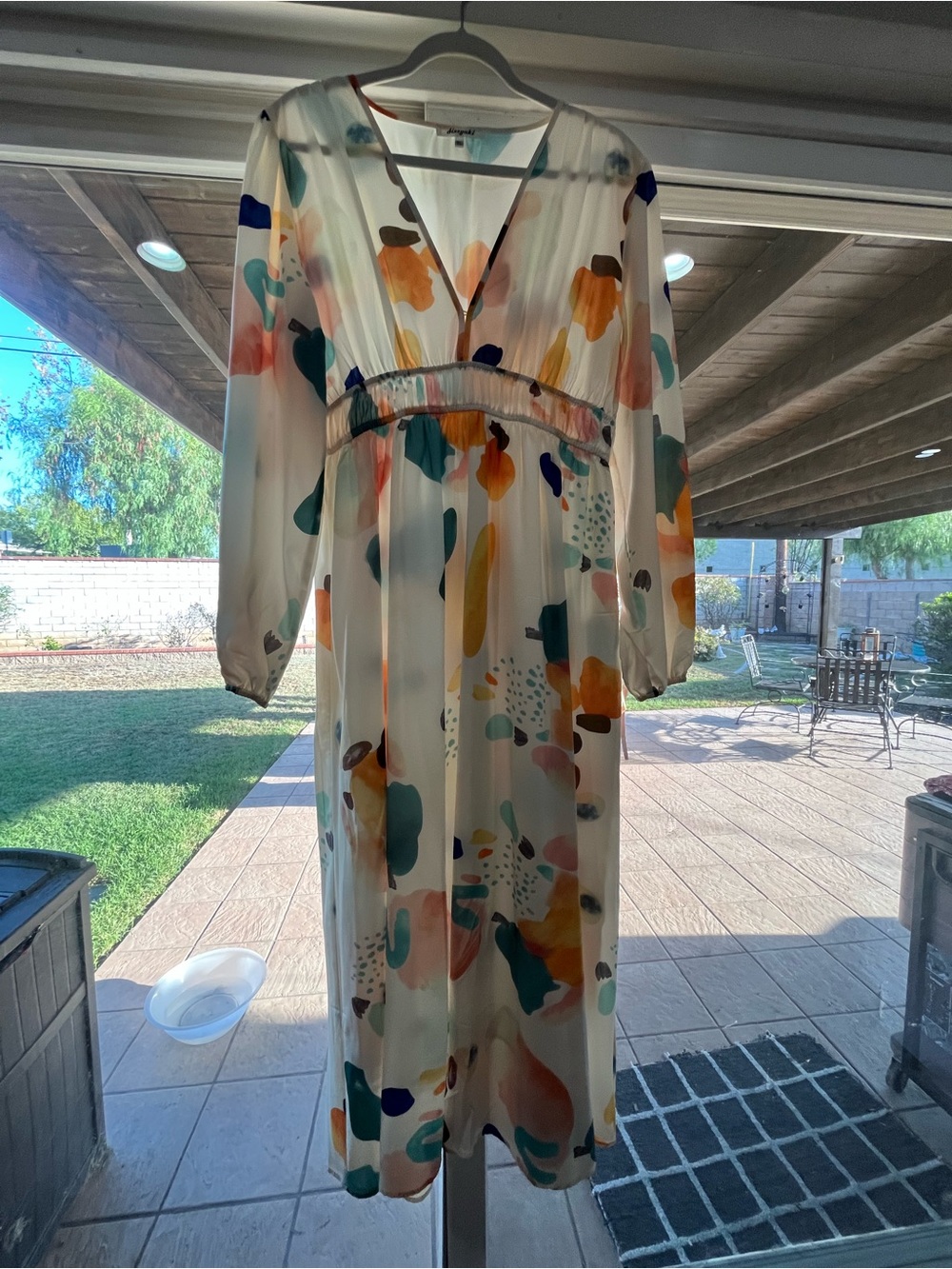 Abstract Print V-Neck Long Sleeve Maxi Dress - White/Multi